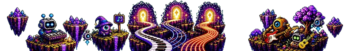 Pixel-art Piano scene with floating islands, robots, and a piano path.